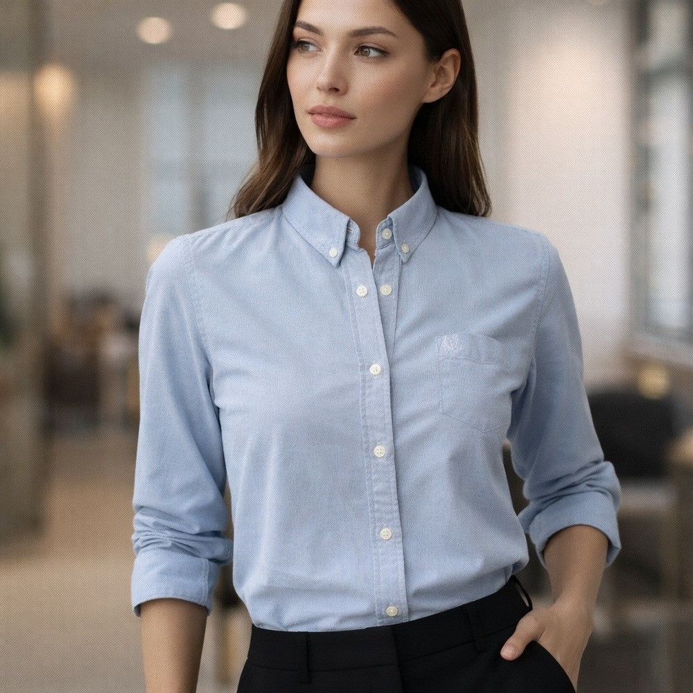AG Blue Cotton Oxford Slim Fit Button Down Shirt 3/4 Sleeve Old Money EUC Sz L - Picture 8 of 11